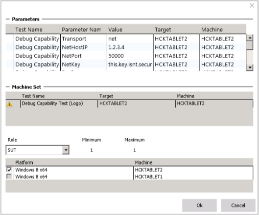 test parameter dialog box