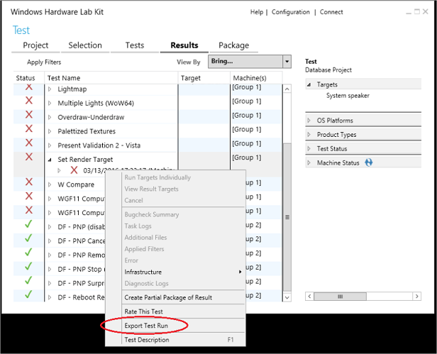 context menu when right-clicking a failed test result