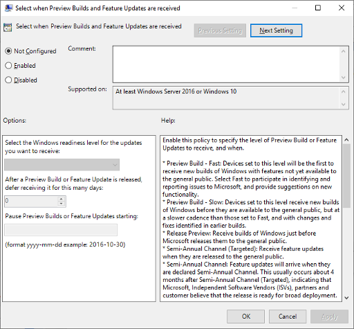 Select when Preview Builds and Feature Updates are received configuration screen