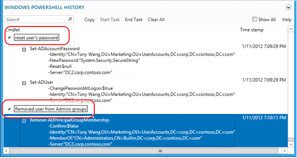 Screenshot that highlights how to see the Windows PowerShell commands used to change a user's password and remove the user from a group.