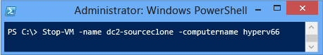 Screenshot of a terminal window that shows how to use the stop-vm cmdlet.