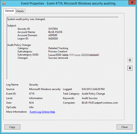 Screenshot that shows the Include command line in process creation events dialog box.