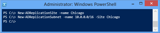 Screenshot that shows create a new site link between two existing sites with a custom replication interval and site cost.