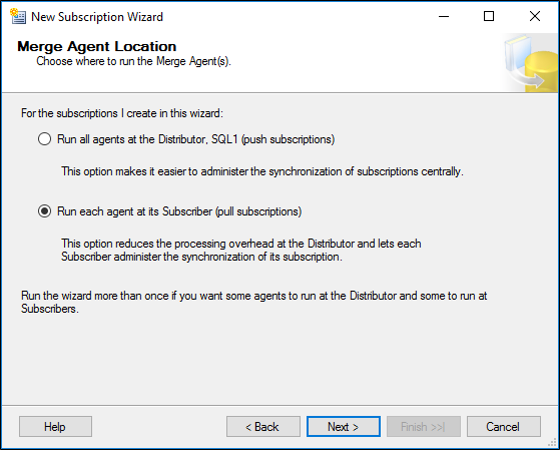 Screenshot that shows the Run each agent at its Subscriber (pull subscriptions) option.