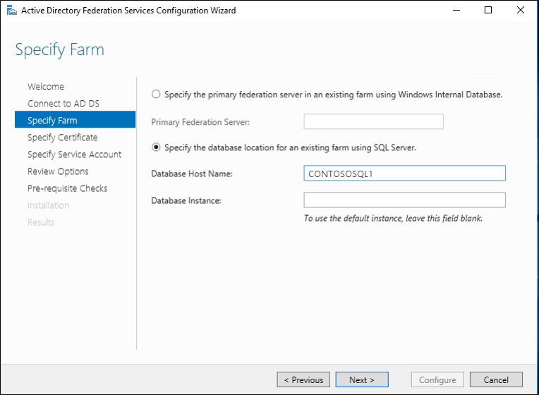 Screenshot that shows the Specify Farm screen in the AD FS Configuration wizard.