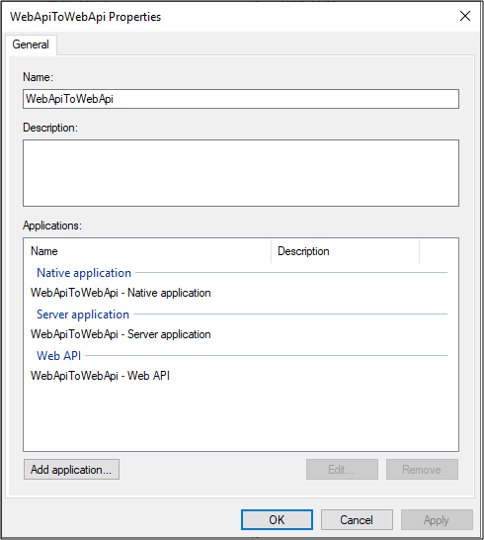 Second screenshot of the WebApiToWebApi Properties dialog box showing the WebApiToWebApi - Web A P I application listed.