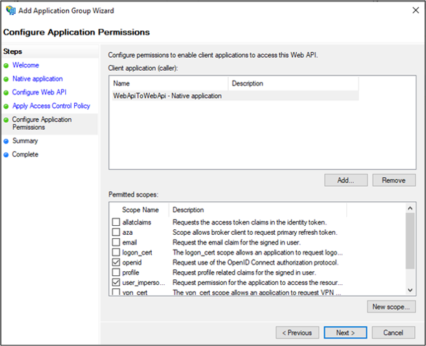 Screenshot of the Configure Application Permissions page of the Add Application Group Wizard showing open I D selected.