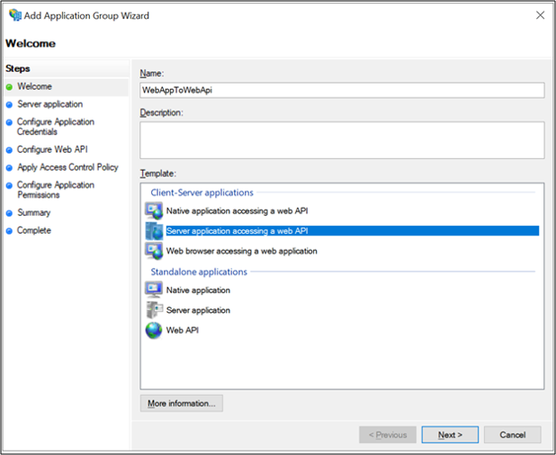 Screenshot of the Welcome page of the Add Application Group Wizard showing the Server application accessing a web A P I template highlighted.