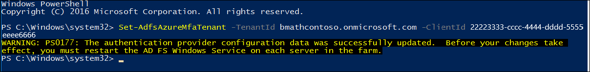 Screenshot of the PowerShell window showing the warning message received after running the Set-AdfsAzureMfaTenant cmdlet.