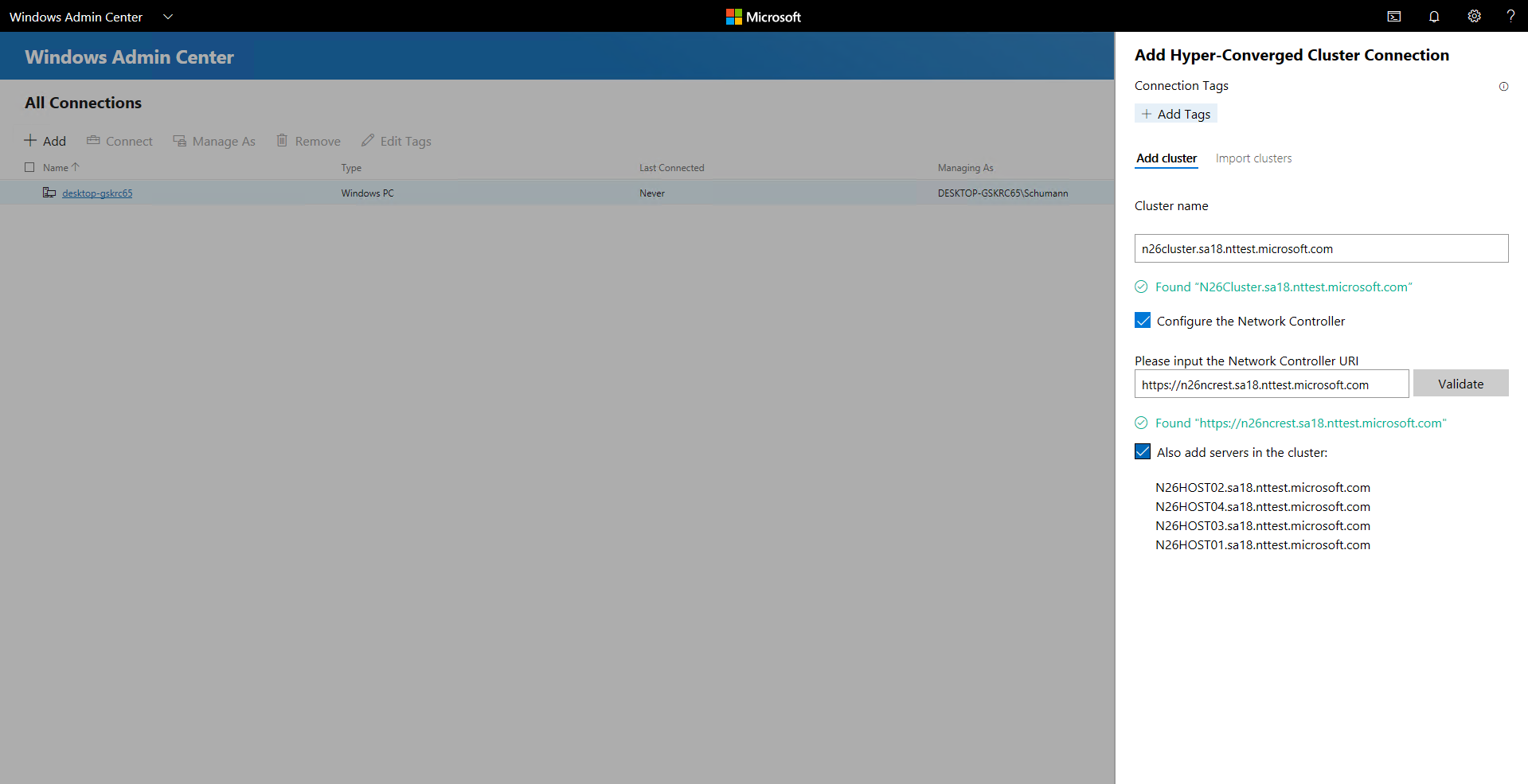 Screenshot of selections for adding an SDN-enabled hyper-converged cluster connection.