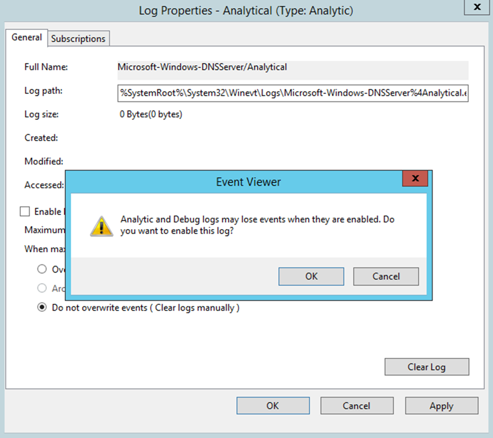 A screenshot showing log Properties window for DNS Server Analytical log with a warning message about potential loss of events when enabling the log.