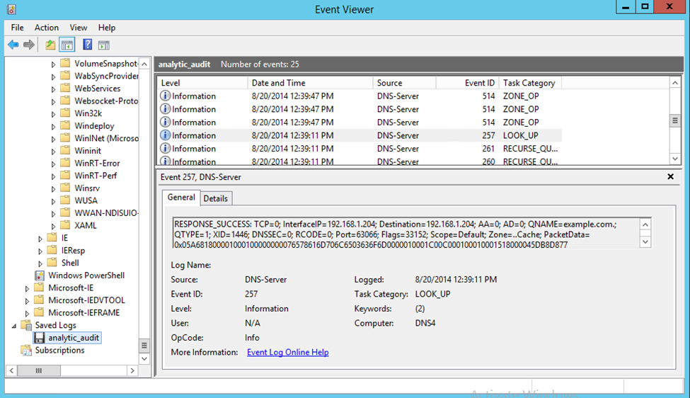 A screenshot showing Event Viewer DNS server logs with details on zone delegation, including event IDs, task categories, and specific DNS query information.