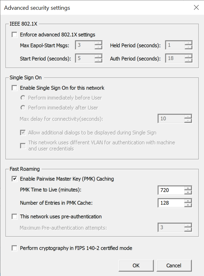 Screenshot showing the Advanced security settings dialog for Wi-Fi.