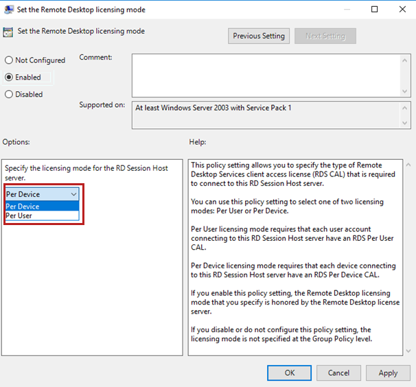 A screenshot of the Set the Remote Desktop licensing mode window. The drop-down menu for specifying the licensing mode for the RD Session Host server is highlighted with a red border.