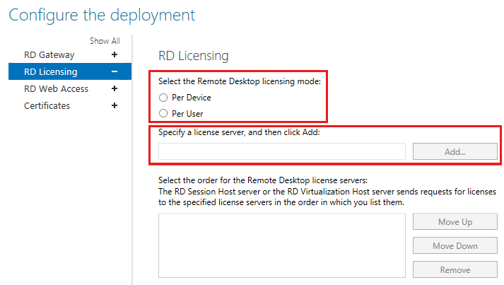 A screenshot of the configure the deployment page. Two red borders surround the two radio buttons that say per device and per user, and a field for the file path for the license server.