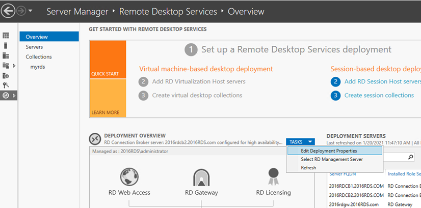 A screenshot of the setup remote desktop services deployment page. The user selects the tasks drop-down menu and selects Edit Deployment Properties.