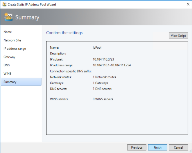 Summary of static IP pool creation