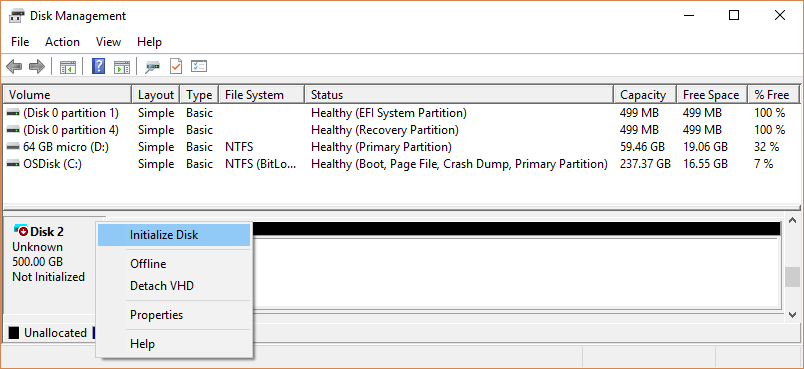 Screenshot that shows Disk Management for an unformatted disk with the Initialize Disk shortcut menu displayed.