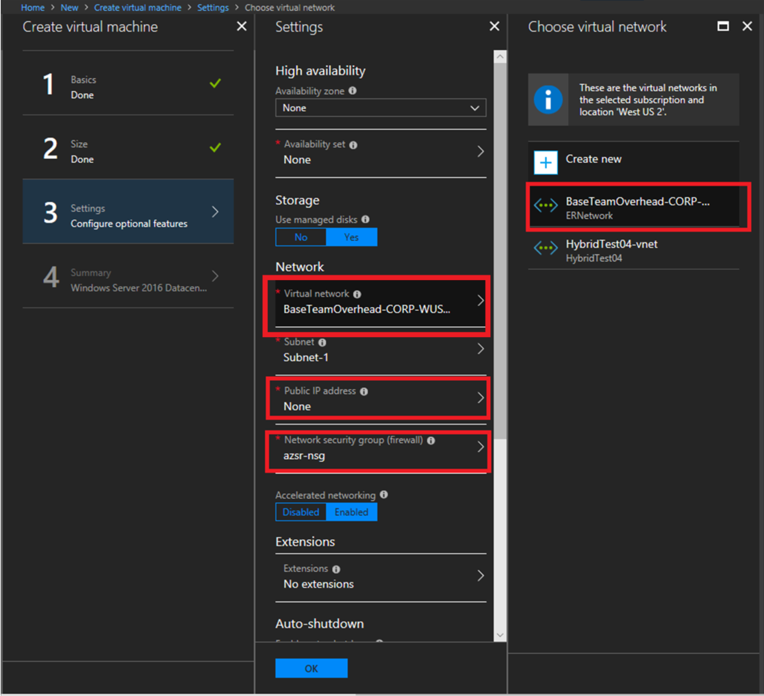 A screenshot of the Create a virtual machine screen in the Azure portal displaying ExpressRoute network settings.