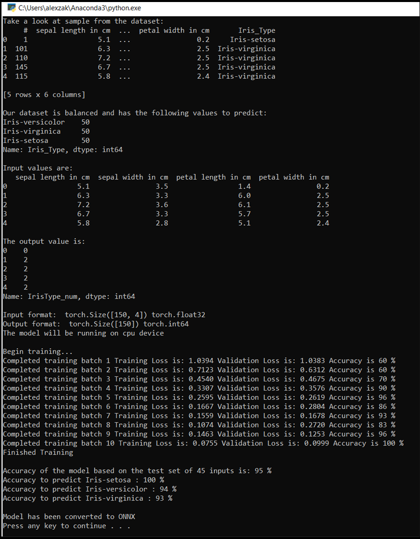 Output from initial model training