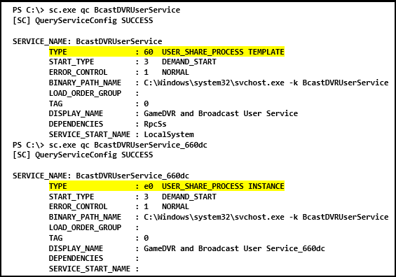 Screenshot of a Windows command line session running sc.exe qc on two services and highlighting the type values in the output.