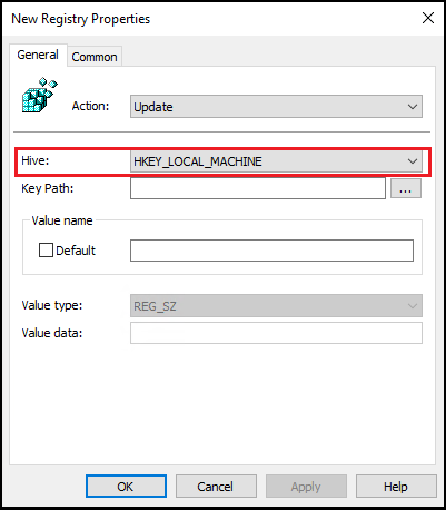 Screenshot of the New Registry Properties window highlighting the Hive value set to HKEY_LOCAL_MACHINE.