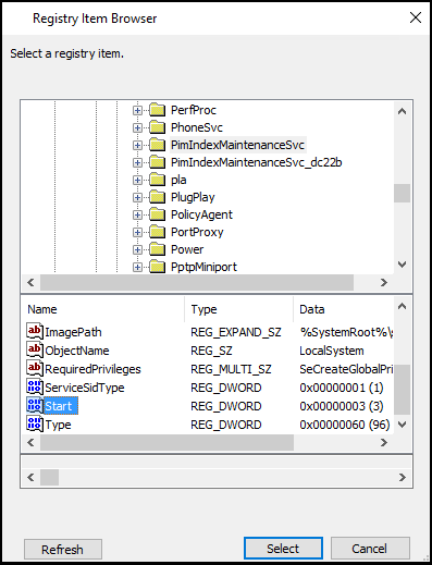 Screenshot of the Registry Item Browser window with the PimIndexMaintenanceSvc registry item selected, and the Start value selected.