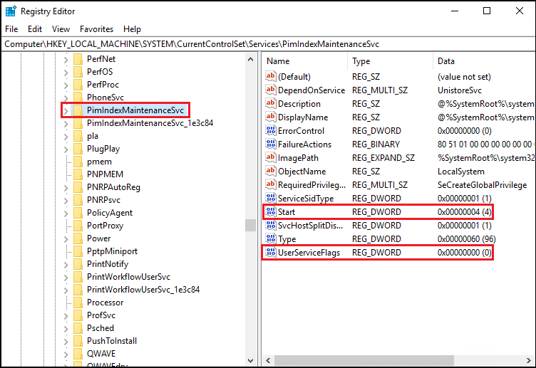 Screenshot of the Registry Editor open to HKEY_LOCAL_MACHINE\System\CurrentControlSet\Services\PimIndexMaintenanceSvc highlighting the UserServiceFlag set to 0.