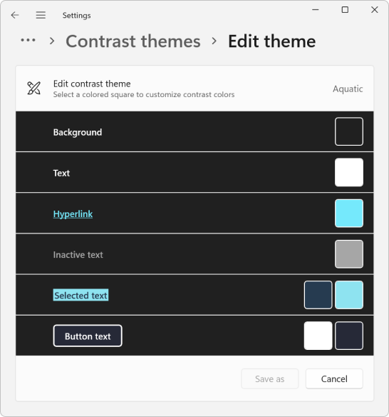 Settings - Edit theme dialog for the **Aquatic** contrast theme.