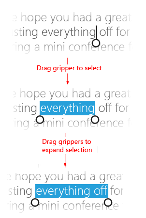 drag the gripper in either direction to adjust selection (the first gripper remains anchored and a second gripper is displayed). drag either gripper to make subsequent adjustments.