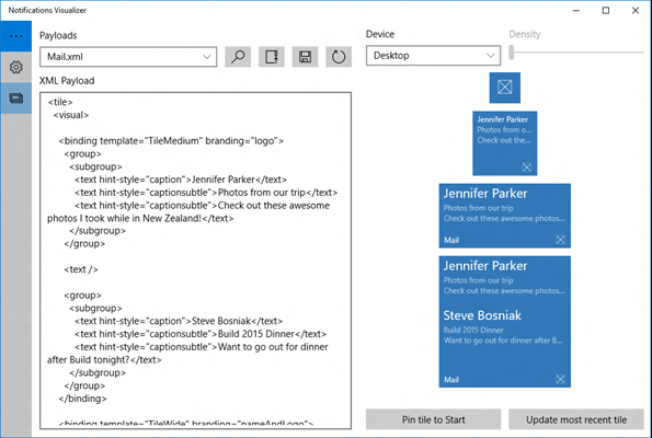 screenshot of notifications visualizer app editor with code and tiles