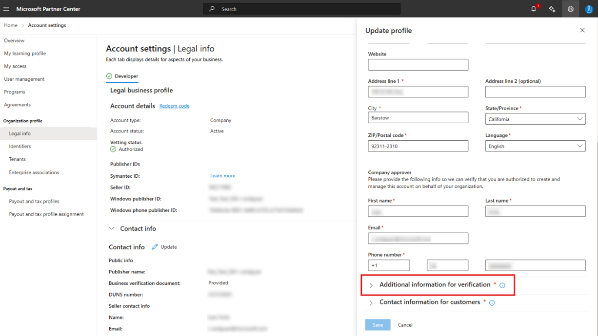 Additional Information for Verification location in Partner Center