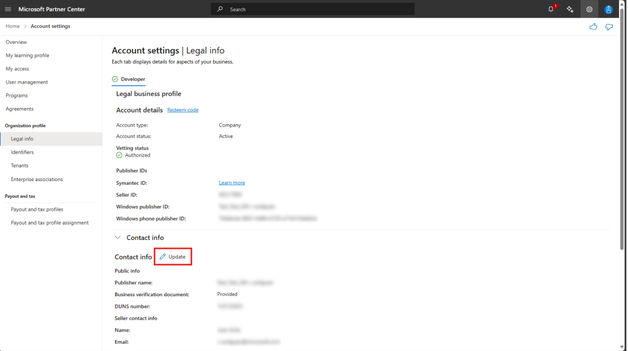 Contact Info location in Partner Center