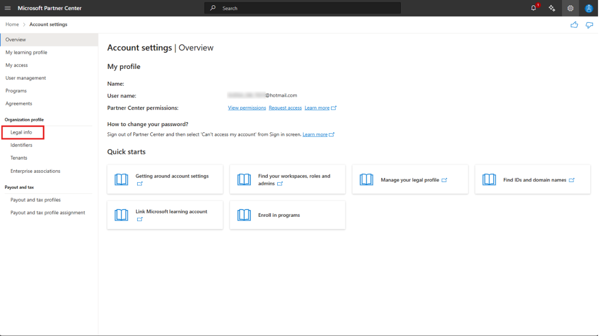 Legal Info location in Partner Center