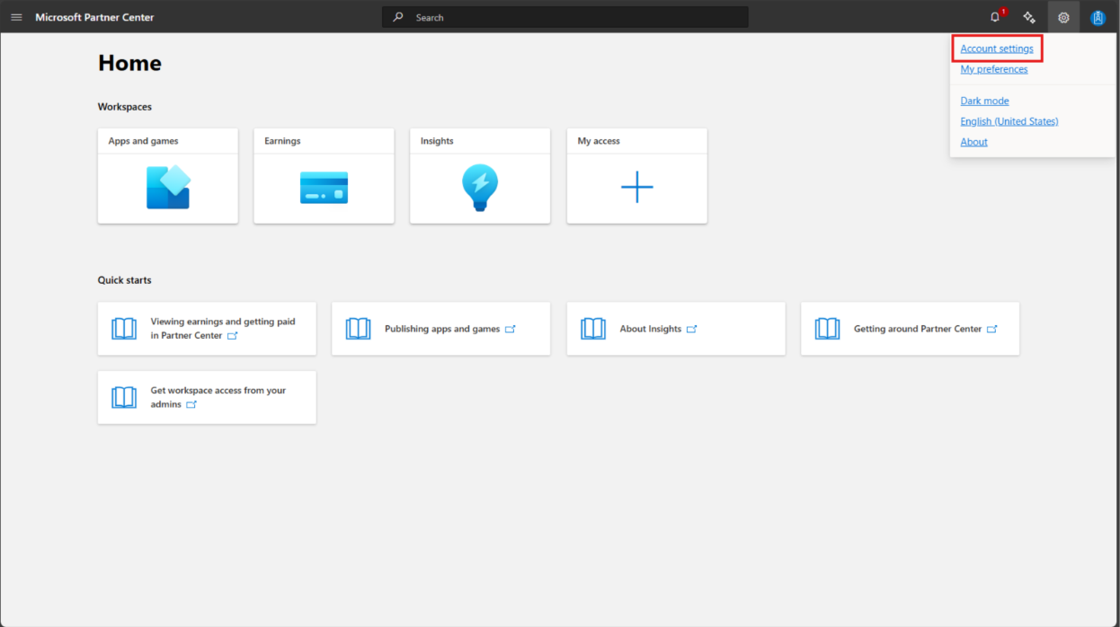 Account Settings location in Partner Center