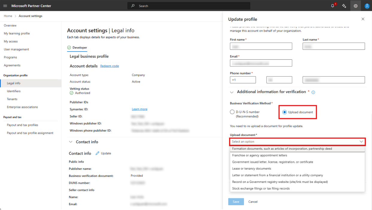 Upload Document location in Partner Center