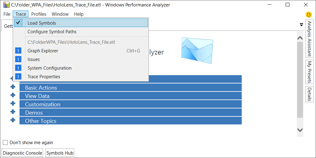 Trace menu is expanded and Load Symbols action is highlighted.