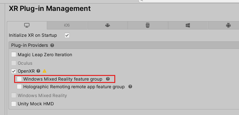 Screenshot of Project Settings Window the OpenXR Plugin and Windows Mixed Reality feature group highlighted.