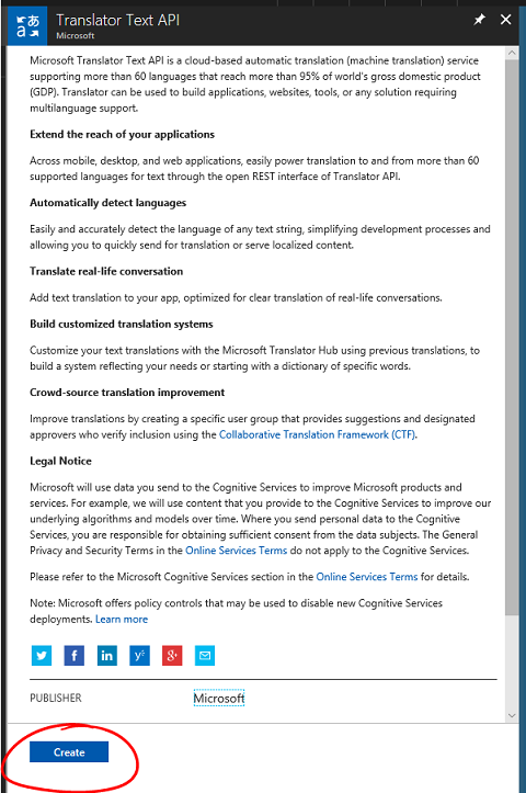 Create Translator Text API Service