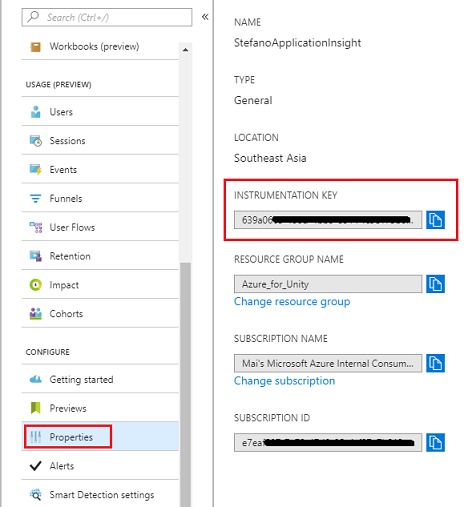 Screenshot showing service functions, Properties is highlighted in the Configure section and Instrumentation Key is highlighted in the main pane.