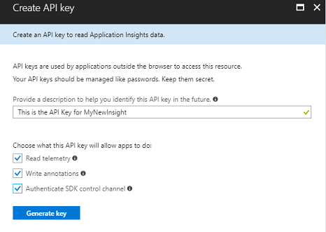 Screenshot showing the Create A P I key panel.