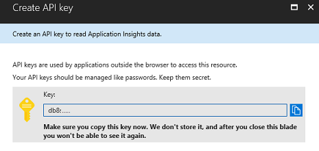 Screenshot of the Create A P I key panel showing the new service key information.