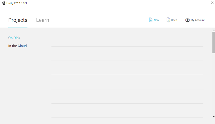Screenshot of the Unity projects window. No project information is shown.
