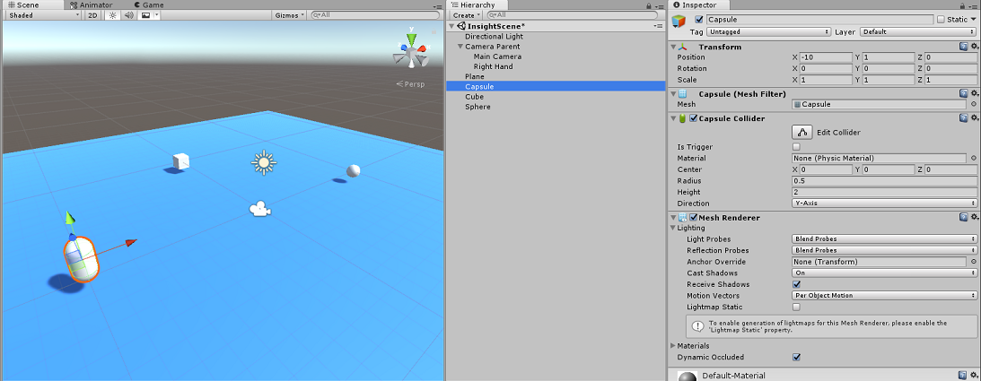 Screenshot of the Scene, Hierarchy, and Inspector panels. Capsule is selected in the Hierarchy panel.