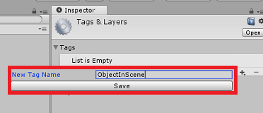 Screenshot of the Inspector panel with Tags and Layers selected. The New Tag Name dialog is highlighted.