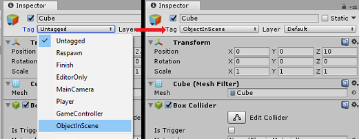 Screenshot of the Inspector panel, an arrow points to Tag. The Untagged menu shows Untagged checked and ObjectInScene is selected.