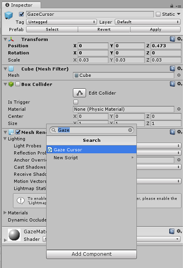 Screenshot that shows where you add the GazeCursor script.