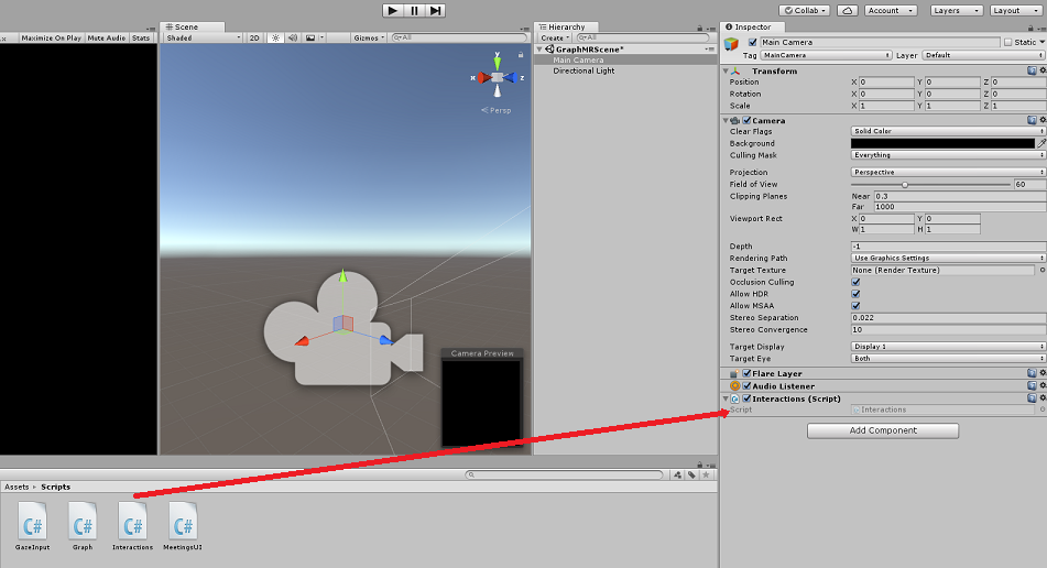 Screenshot that shows where to drag the Interactions script.