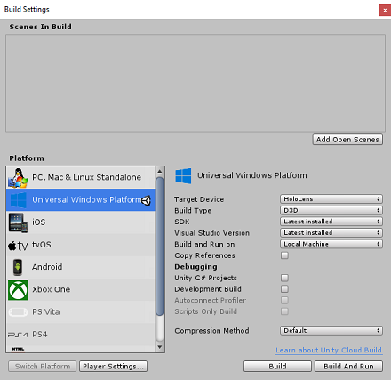 Build Settings window, switch platform to UWP.