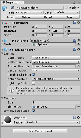 Screenshot of the Inspector screen open for Inside Out Sphere.
